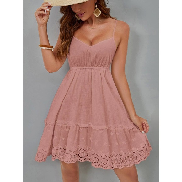 Boho Eyelet Embroidery Scallop Trim Ruffle Hem Cami Dress white - Picture 5 of 5